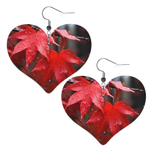 Vermont Ahornblätter sind rotes Muster, modische Herz-Ohrringe, Anhänger, stilvoll und schön, leicht, baumelnd für Damen und Mädchen, Einheitsgröße, Leder von BROLEO