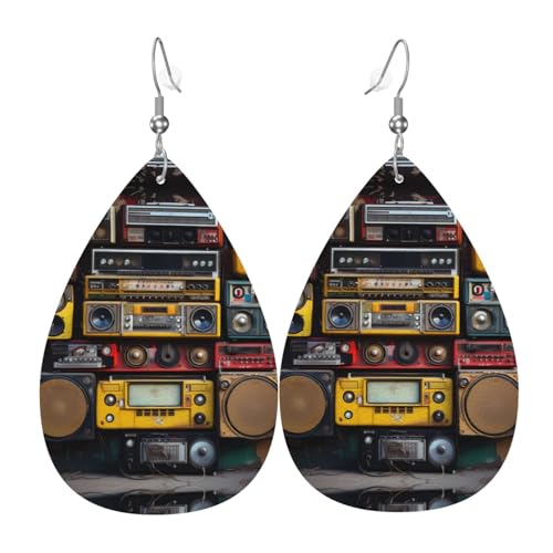 Vintage Wall of Radio Boombox pattern Fashion Teardrop Earrings Pendant Stylish and beautiful Lightweight Dangle for Women Girls, Einheitsgröße, Leder von BROLEO