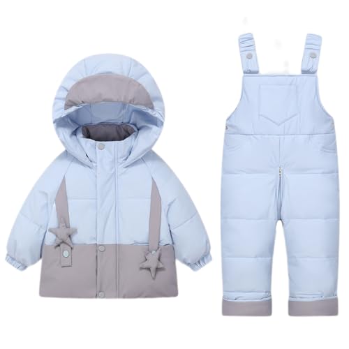 2 Stück Baby Schneeanzug Winter Kinder Jacke mit Kapuze Daunen Mantel mit Schnee TräGerhose Wasserdicht Reißverschluss Skianzüge Outfit Satz Blau 18-24 Monate von BRONG