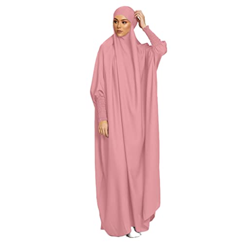 BRONG Damen Kleid Muslimisches Einteiliges Gebetskleid Abaya Muslim Damen Jilbab Frauen Kleid Musselin Damen Dubai Türkei Robe Gebet Jilbab Ganzkörper Maxi Kleid mit Hijab Rosa von BRONG