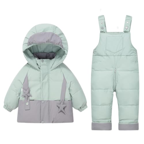 BRONG 2 Stück Baby Schneeanzug Winter Kinder Jacke mit Kapuze Daunen Mantel mit Schnee TräGerhose Wasserdicht Reißverschluss Skianzüge Outfit Satz Grün 2-3 Jahre von BRONG