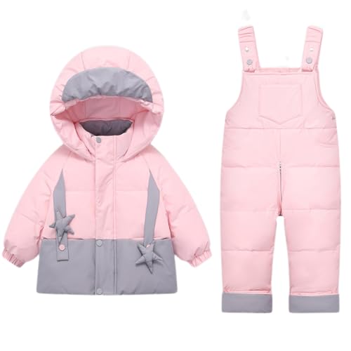 BRONG 2 Stück Baby Schneeanzug Winter Kinder Jacke mit Kapuze Daunen Mantel mit Schnee TräGerhose Wasserdicht Reißverschluss Skianzüge Outfit Satz Rosa 18-24 Monate von BRONG