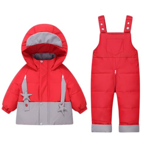 BRONG 2 Stück Baby Schneeanzug Winter Kinder Jacke mit Kapuze Daunen Mantel mit Schnee TräGerhose Wasserdicht Reißverschluss Skianzüge Outfit Satz Rot 2-3 Jahre von BRONG