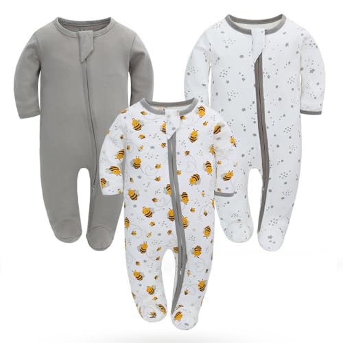 BRONG 3er-Pack Baby Schlafanzüge Schlafstrampler Kleinkind Baumwolle Mädchen Strampler 2-Wege Reißverschluss Füßchen Pyjamas 0-3 Monate von BRONG