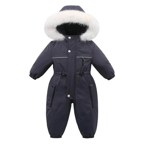 BRONG Baby Jungen Schneeanzug Kinder Winter Mädchen Vlies Overall Wasserdicht Strampler mit Kapuze Reißverschluss Mantel Skianzug Kleinkind Abnehmbar Pelzkragen Jumpsuit Grau 2-3 Jahre von BRONG