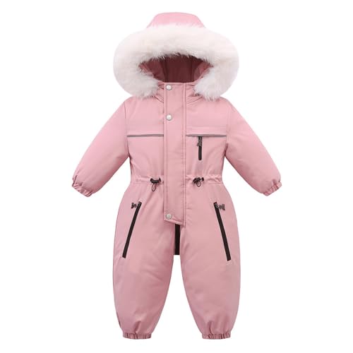 BRONG Baby Jungen Schneeanzug Kinder Winter Mädchen Vlies Overall Wasserdicht Strampler mit Kapuze Reißverschluss Mantel Skianzug Kleinkind Abnehmbar Pelzkragen Jumpsuit Rosa 2-3 Jahre von BRONG