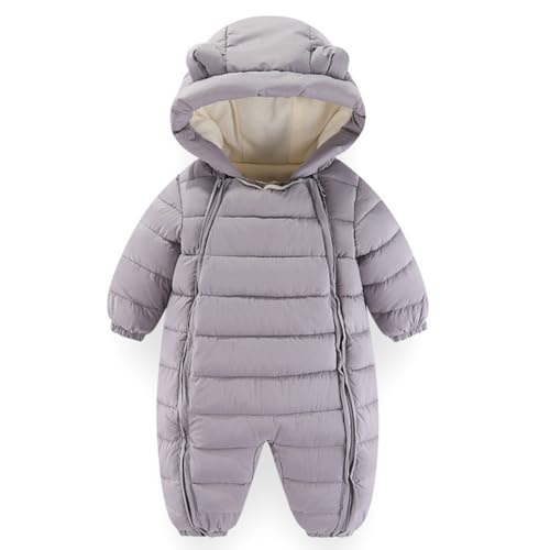 BRONG Baby Mädchen Jungen Schneeanzug Winter mit Kapuze Vlies Jumpsuit Strampler Doppelter Reißverschluss Warm Overall Mantel Winddicht Oberbekleidung Grau 6-9 Monate von BRONG