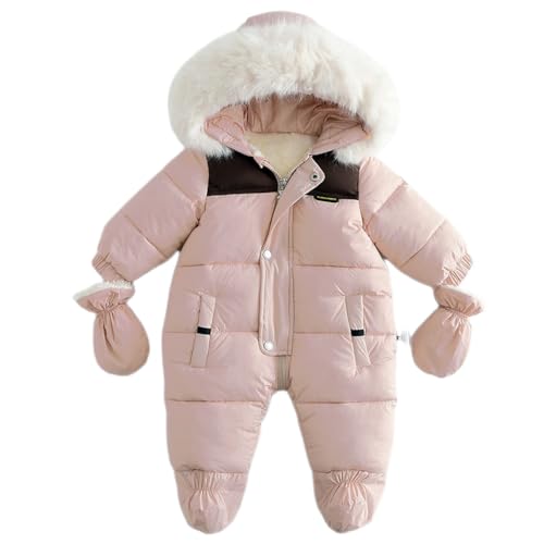 BRONG Baby Winter Schneeanzug Fleece Jumpsuit Kleinkind Kapuze Winteroverall Abnehmbar Pelzkragen Strampler Winddicht Outfits mit Handschuhen Rosa 9-12 Monate von BRONG