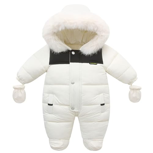BRONG Baby Winter Schneeanzug Fleece Jumpsuit Kleinkind Kapuze Winteroverall Abnehmbar Pelzkragen Strampler Winddicht Outfits mit Handschuhen Weiß 3-6 Monate von BRONG