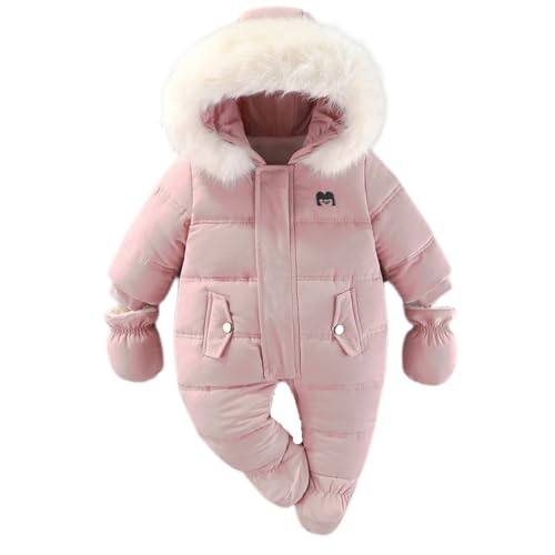 BRONG Baby Winter Schneeanzug Kleinkind Vlies Strampler mit Kapuze Jumpsuit Säugling Overall Jungen Mädchen Warm Reißverschluss Oberbekleidung mit Handschuhen Rosa 6-9 Monate von BRONG