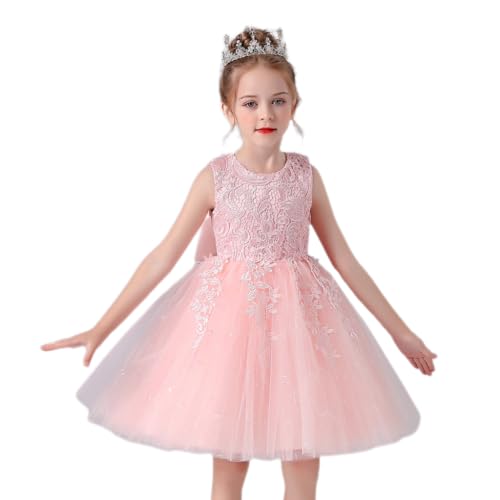 BRONG Blumenmädchenkleider Schleifenknoten Party Prinzessin Kleid Mädchen Kleider HochzeittüLl Taufkleider Mädchen Zip ärmelloses Elegantes Formelles Kommunionskleid Rosa 10-11 Jahre von BRONG