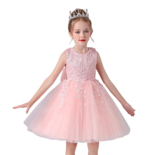 BRONG Blumenmädchenkleider Schleifenknoten Party Prinzessin Kleid Mädchen Kleider HochzeittüLl Taufkleider Mädchen Zip ärmelloses Elegantes Formelles Kommunionskleid Rosa 8-9 Jahre von BRONG