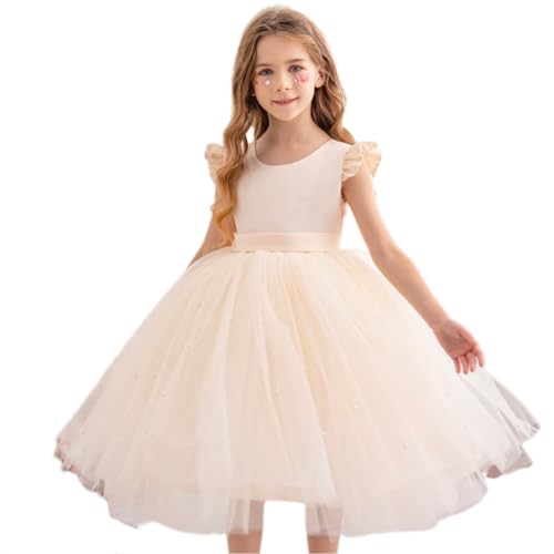 BRONG Blumenmädchenkleider für Hochzeiten Brautjungfer Kleider Schleifenknoten Prinzessin Tüll Kleid Kinder Formal Ballkleid Abend Kommunionskleid Taufkleider Mädchen Aprikose 6-7 Jahre von BRONG