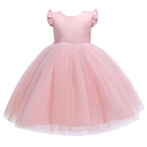 BRONG Blumenmädchenkleider für Hochzeiten Brautjungfer Kleider Schleifenknoten Prinzessin Tüll Kleid Kinder Formal Ballkleid Abend Kommunionskleid Taufkleider Mädchen Rosa 6-7 Jahre von BRONG