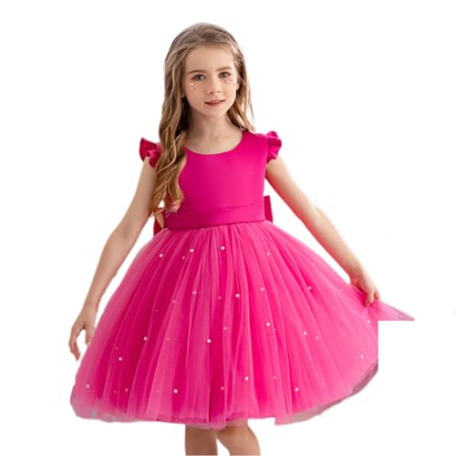 BRONG Blumenmädchenkleider für Hochzeiten Brautjungfer Kleider Schleifenknoten Prinzessin Tüll Kleid Kinder Formal Ballkleid Abend Kommunionskleid Taufkleider Mädchen Rosenrot 4-5 Jahre von BRONG