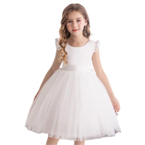 BRONG Blumenmädchenkleider für Hochzeiten Brautjungfer Kleider Schleifenknoten Prinzessin Tüll Kleid Kinder Formal Ballkleid Abend Kommunionskleid Taufkleider Mädchen Weiß 4-5 Jahre von BRONG