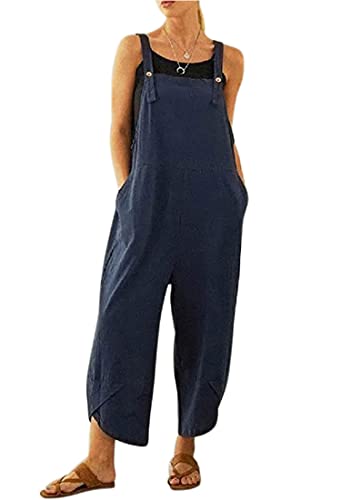 BRONG Damen-Overall, lässig, lockere Latzhose, weiches Baumwollleinen, Damen-Overall, Baggy-Playsuit, verstellbare Träger mit Taschen, blau, 50 von BRONG