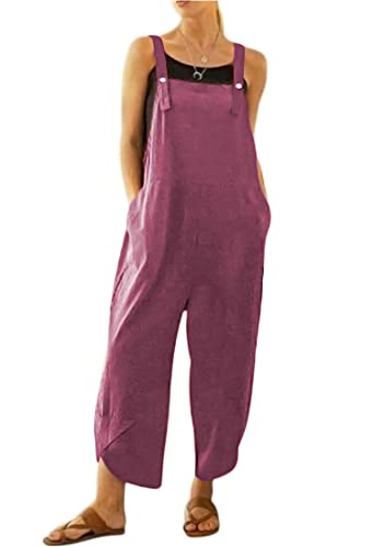 BRONG Damen-Overall, lässig, lockere Latzhose, weiches Baumwollleinen, Damen-Overall, Baggy-Playsuit, verstellbare Träger mit Taschen, violett, 50 von BRONG