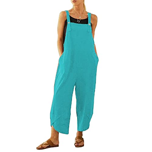 BRONG Damen-Overall, lässig, lockere Latzhose, weiches Baumwollleinen, Damen-Overall, Baggy-Playsuit, verstellbare Träger mit Taschen, seeblau, 48 von BRONG