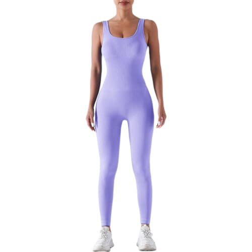 BRONG Gerippt Sport Jumpsuit Damen Eng Overall Quadratischer Hals Dehnbar Spielanzug Ärmellos Outfit Frauen Einteiler Strampler Fitness Yoga Figurbetont Sportkleidung Lila S von BRONG