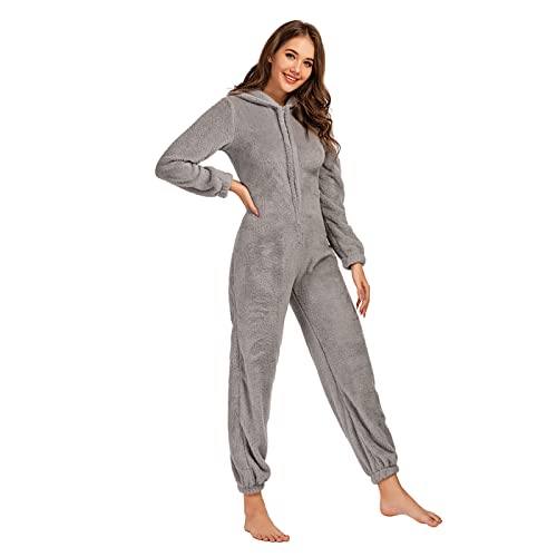 BRONG Jumpsuit Damen Kuschelig Einteiler Fleece Pyjama Schlafoverall Damen Onesie Frauen Schlafanzug Overall mit Kapuze Winter Warme Nachtwäsche Grau 3XL von BRONG