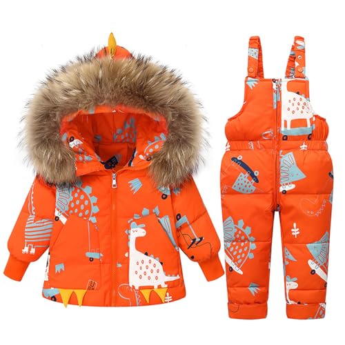 Kinder Schneeanzug Winter 2-Teilig Outfit Satz, Kleinkind Kapuze Daunenjacke und Schnee Lätzchen Hose Dinosaurier Karikatur Skianzug Satz Orange 3-4 Jahre von BRONG