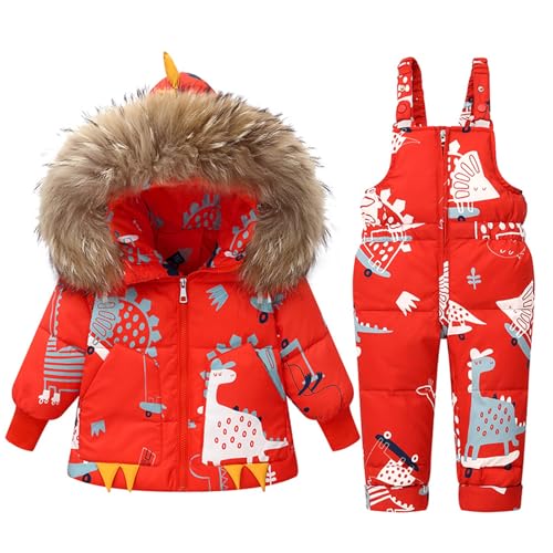 BRONG Kinder Schneeanzug Winter 2-Teilig Outfit Satz, Kleinkind Kapuze Daunenjacke und Schnee Lätzchen Hose Dinosaurier Karikatur Skianzug Satz Rot 18-24 Monate von BRONG