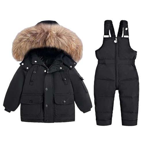 BRONG Kleinkind Schneeanzug Winter Baby Runter Jacken Mantel mit Abnehmbarer Kapuze Schnee Hose Wasserdicht Kinder Mädchen Jungen Skianzug Satz Schwarz 2-3 Jahre von BRONG