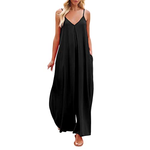 BRONG Latzhose Damen Arbeitshose Lose Ausgebeult Ärmellose Overalls Frauen Einstellbar Lätzchen Hose Damen Jumpsuit Langes Weites Bein Spielanzug Hose mit Großer Tasche Strampler Schwarz S von BRONG