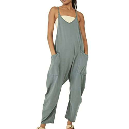 BRONG Latzhose Damen Arbeitshose Lose Ausgebeult Ärmellose Overalls Frauen Einstellbar Lätzchen Hose Damen Jumpsuit Langes Spielanzug Hose mit Großer Tasche Strampler Grün L von BRONG