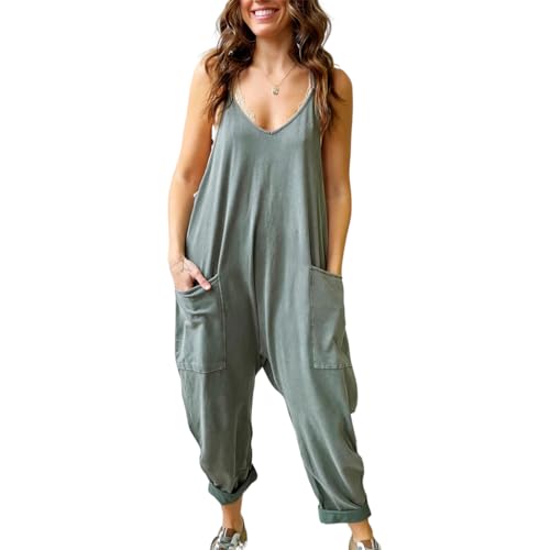 BRONG Latzhose Damen Sommer Ausgebeult Weites Bein Jumpsuit Lose Ärmellos Latzhose Frauen Lässig Einstellbar Lätzchen Hose Damen Overall Baumwolle Lang Hose Spielanzug Grün L von BRONG