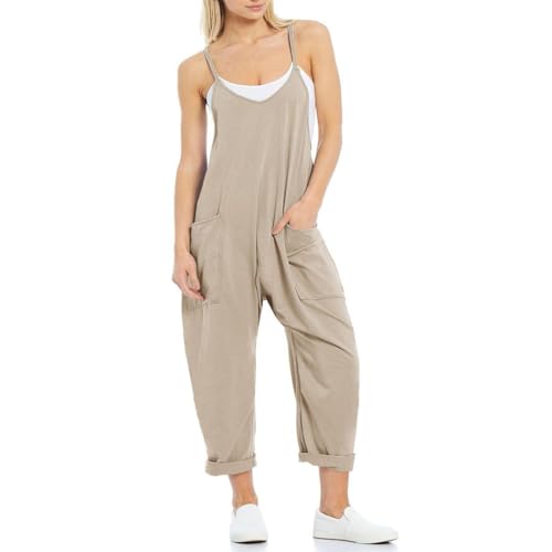 BRONG Latzhose Damen Sommer Ausgebeult Weites Bein Jumpsuit Lose Ärmellos Latzhose Frauen Lässig Einstellbar Lätzchen Hose Damen Overall Baumwolle Lang Hose Spielanzug Khaki L von BRONG