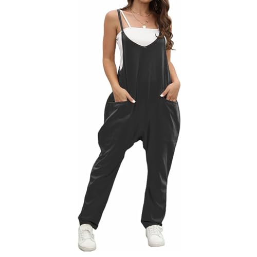 BRONG Latzhose Damen Sommer Ausgebeult Weites Bein Jumpsuit Lose Ärmellos Latzhose Frauen Lässig Einstellbar Lätzchen Hose Damen Overall Baumwolle Lang Hose Spielanzug Schwarz L von BRONG