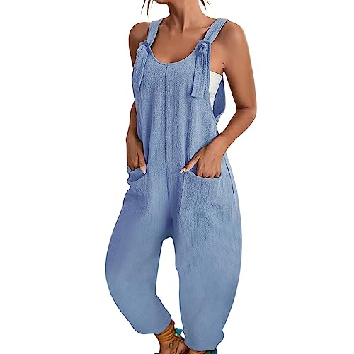 BRONG Latzhose Damen Sommer Weites Bein Jumpsuit mit Tasche Lässig Lose Overall für Frauen Strampler Ärmellos Riemchen Latzhose Verstellbar Strampelanzüge Blau XXL von BRONG