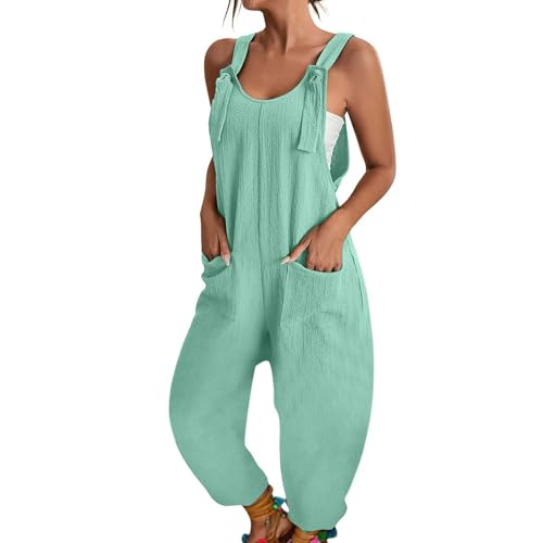 BRONG Latzhose Damen Sommer Weites Bein Jumpsuit mit Tasche Lässig Lose Overall für Frauen Strampler Ärmellos Riemchen Latzhose Verstellbar Strampelanzüge Grün L von BRONG