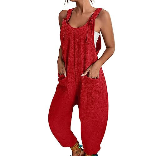 BRONG Latzhose Damen Sommer Weites Bein Jumpsuit mit Tasche Lässig Lose Overall für Frauen Strampler Ärmellos Riemchen Latzhose Verstellbar Strampelanzüge Rot M von BRONG