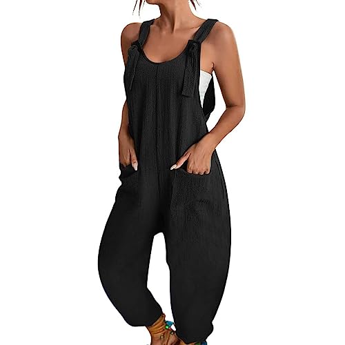 BRONG Latzhose Damen Sommer Weites Bein Jumpsuit mit Tasche Lässig Lose Overall für Frauen Strampler Ärmellos Riemchen Latzhose Verstellbar Strampelanzüge Schwarz L von BRONG