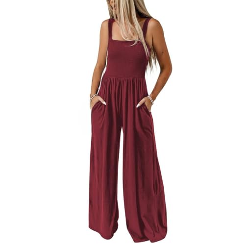 BRONG Latzhosen für Damen Sommer Riemchen Overall Frauen mit Tasche Lose Fit Lässig Latzhose Jumpsuit Lang Hose Strampler Rot M von BRONG