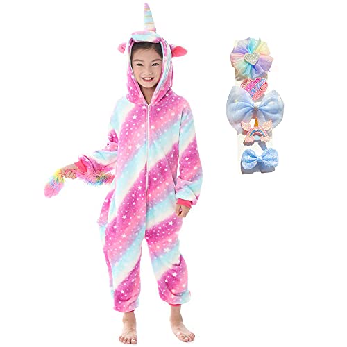 BRONG Mädchen Einhorn Einteiler Pyjama Weicher Schlafanzug für Kinder Unisex mit Schleife Haarnadel von BRONG