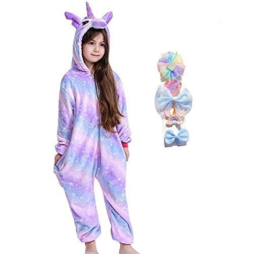 BRONG Mädchen Einhorn Einteiler Pyjama Weicher Schlafanzug für Kinder Unisex mit Schleife Haarnadel von BRONG