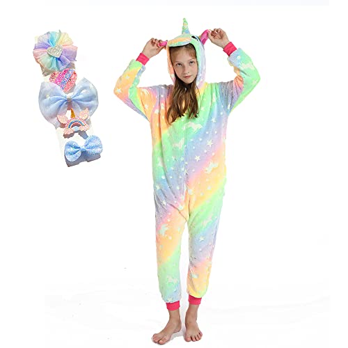 BRONG Mädchen Einhorn Einteiler Pyjama Weicher Schlafanzug für Kinder Unisex mit Schleife Haarnadel von BRONG