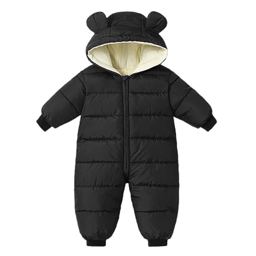 BRONG Schneeanzug Baby Mädchen Jungen Overall Winter Jumpsuit Mantel Neugeborenes Dickes Reißverschluss Strampelanzug Kleinkind Winddicht Kapuze Fleece Strampler Oberbekleidung Schwarz 9-12 Monate von BRONG