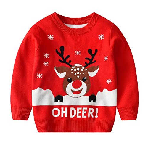 BRONG Weihnachtspullover Kinder Strickpullover Winter-Sweatshirt Langarm Pullover für Jungen Kleinkind Mädchen Hirsch Baumwolle Top 2-3 Jahre Rot von BRONG