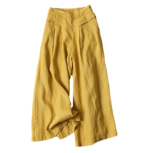 BRONG Weites Bein Sommerhosen Damen Leicht ind Luftig Baumwolle Leinen Gekürzt Hose Elastische Taille Frauen Lässig Geschnitten Luftige Hosen mit Taschen Gelb M von BRONG