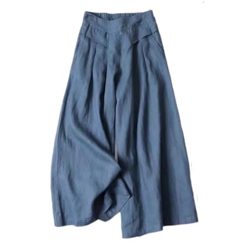 BRONG Weites Bein Sommerhosen Damen Leicht ind Luftig Baumwolle Leinen Gekürzt Hose Elastische Taille Frauen Lässig Geschnitten Luftige Hosen mit Taschen Marine XXL von BRONG