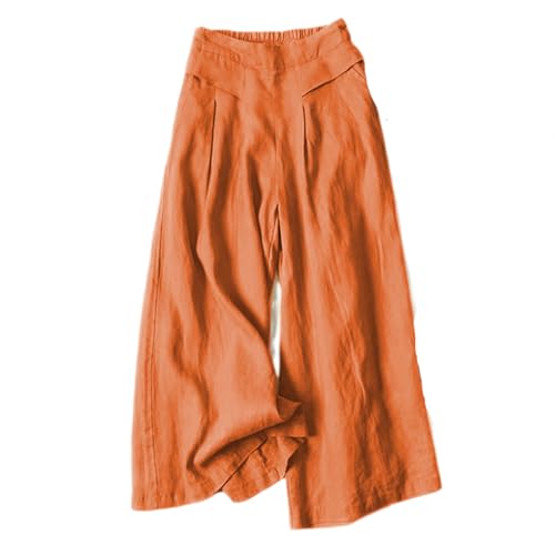 BRONG Weites Bein Sommerhosen Damen Leicht ind Luftig Baumwolle Leinen Gekürzt Hose Elastische Taille Frauen Lässig Geschnitten Luftige Hosen mit Taschen Rot M von BRONG