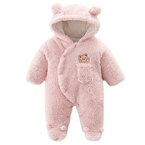 BRONG Winter Baby Fleeceoverall Strampler mit Füßen, Bär Karikatur Kapuze Jumpsuit Strampelanzug Kleinkind Einteilig Schneeanzüge Mantel Rosa 9-12 Monate von BRONG