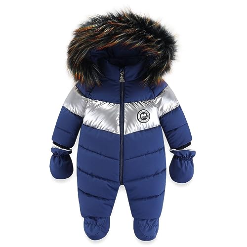 BRONG Winter Baby Jungen Schneeanzug Kapuze Strampelanzug Kleinkind Mädchen Fleece Strampler Füßlinge Oberbekleidung Reißverschluss Mantel Outfits mit Handschuhen Blau 12-18 Monate von BRONG