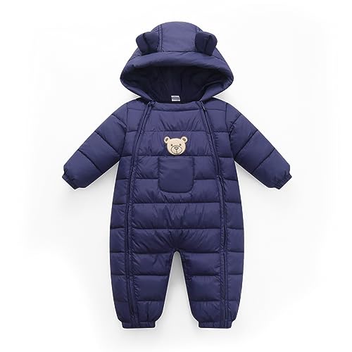 BRONG Winter Baby Jungen Schneeanzug Strampler Warm Kapuze Strampelanzug Kleinkind Mädchen Fleece Overall Schneeanzug Mantel Doppelt Reißverschluß Jumpsuit Marineblau 12-18 Monate von BRONG