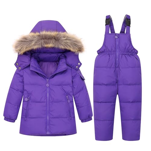BRONG Winter Kinder Schneeanzug Unisex Jacke Abnehmbar Kapuze Daunen Mantel mit Schneehose 2 Stück Baby Ski Outfit Satz Lila 2-3 Jahre von BRONG